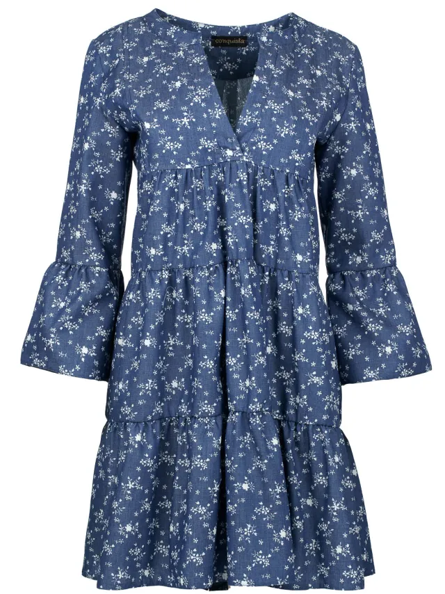 Conquista Indigo bloemen jurk met geplooide naden indigoblauw, foto 2
