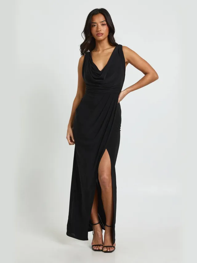 boohoo Dames Petite Slinky Geplooide Wikkel Maxi Jurk Zwart