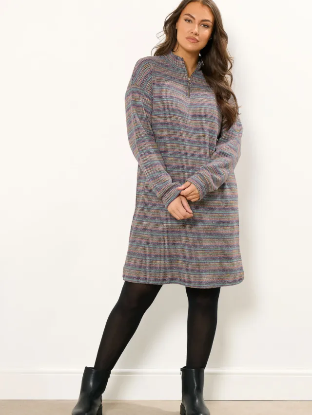 Yours Blauwe Geribbelde Kwart Rits Jumper Jurk-52 Blue