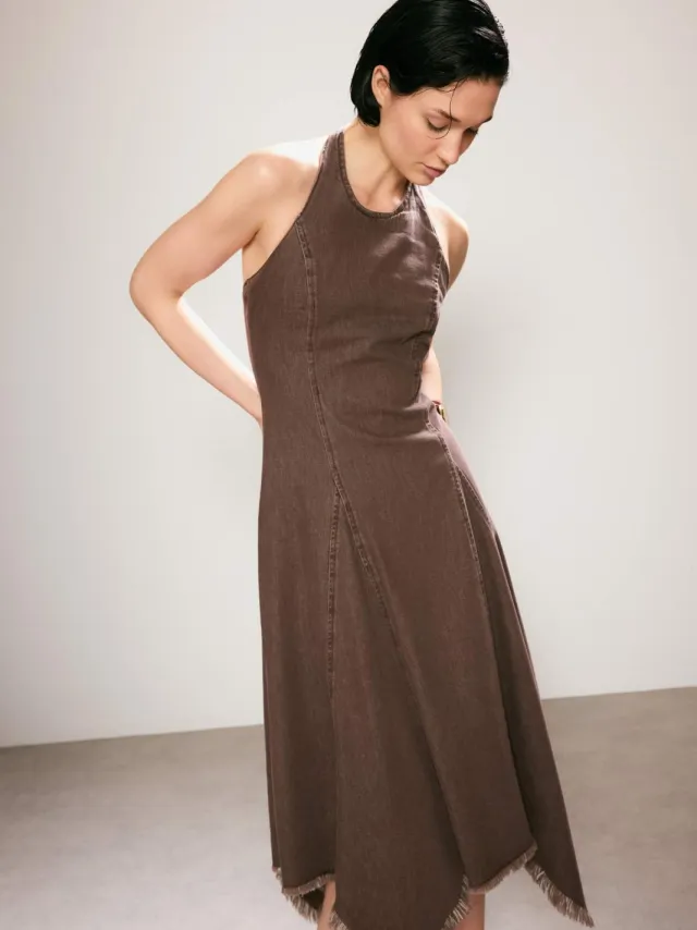 Trendyol TRENDYOLMİLLA Dames Bruin Effen Midi Mouwloos Asymmetrisch Jurken