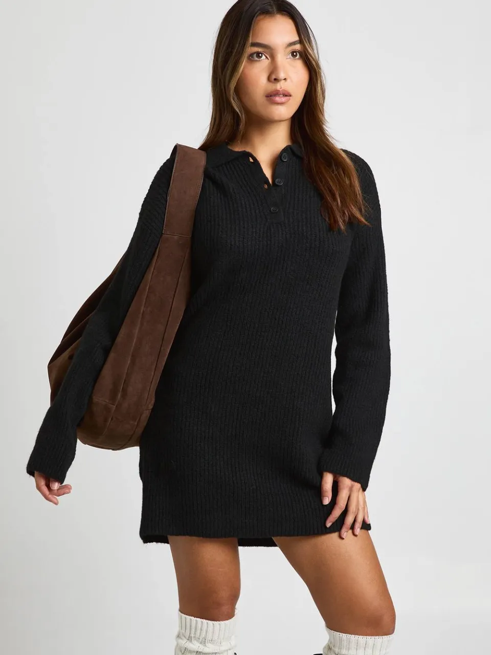 boohoo Dames Kraagdetail Oversized Rugby Gebreide Mini Jurk zwart, foto 3