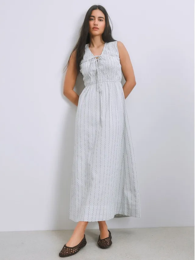 Next Dames - Maxi-jurk met gerimpeld lijfje en strik - Blauw Blue/Ecru Stripe
