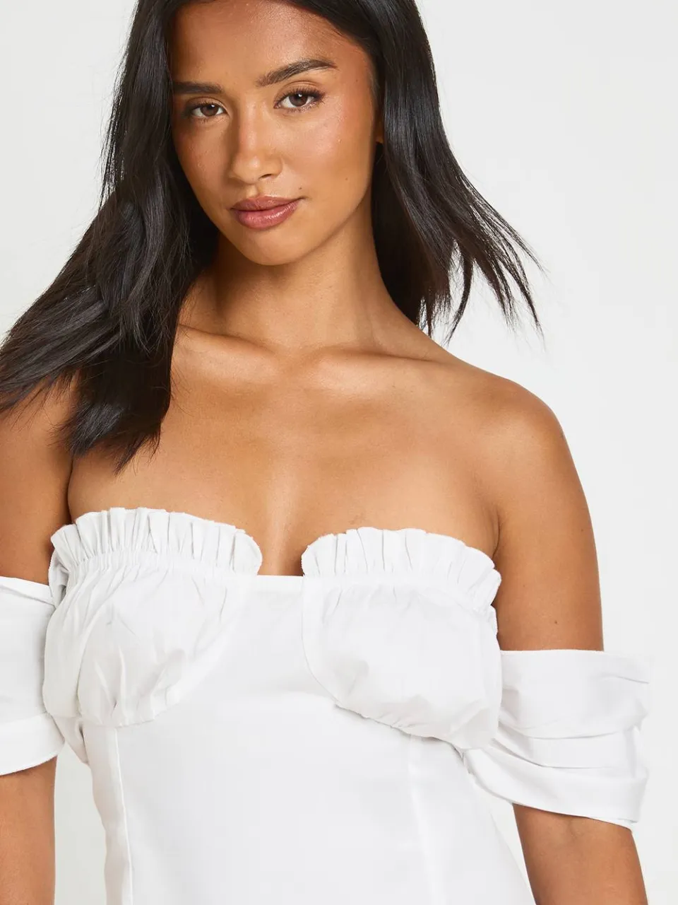 boohoo Dames Petite Mini Jurk Met Gerimpelde Buste En Bardot Hals ivoor, foto 4
