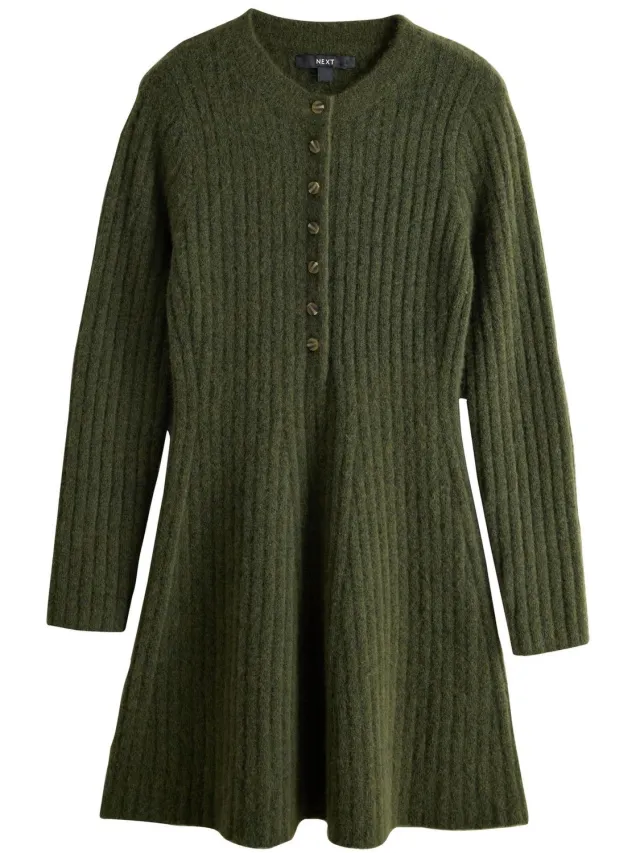 Next Dames - Ribgebreide Henley-mini-jurk - Tall - Groen Khaki Green