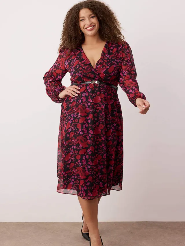 Trendyol Curve Dames Bordeaux Bloemen Kort / Mini Lang Avond / Dagelijks Double-breasted Grote maten Jurk Bordeauxrood