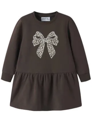 NAME IT MINI sweatjurk met ruches donkerbruin
