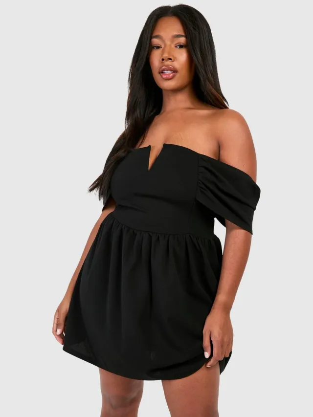 boohoo Dames Plus Bardot Drop Shoulder Skater Jurk Zwart