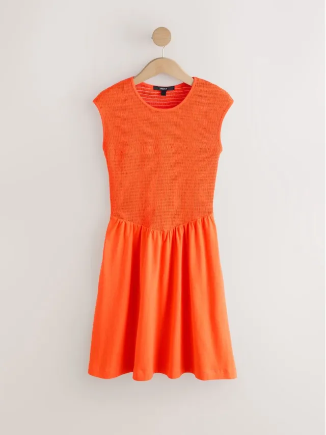 Next Dames - Petite jersey midi-jurk met kapmouwtjes en aangerimpeld lijfje - Petite - Oranje Orange