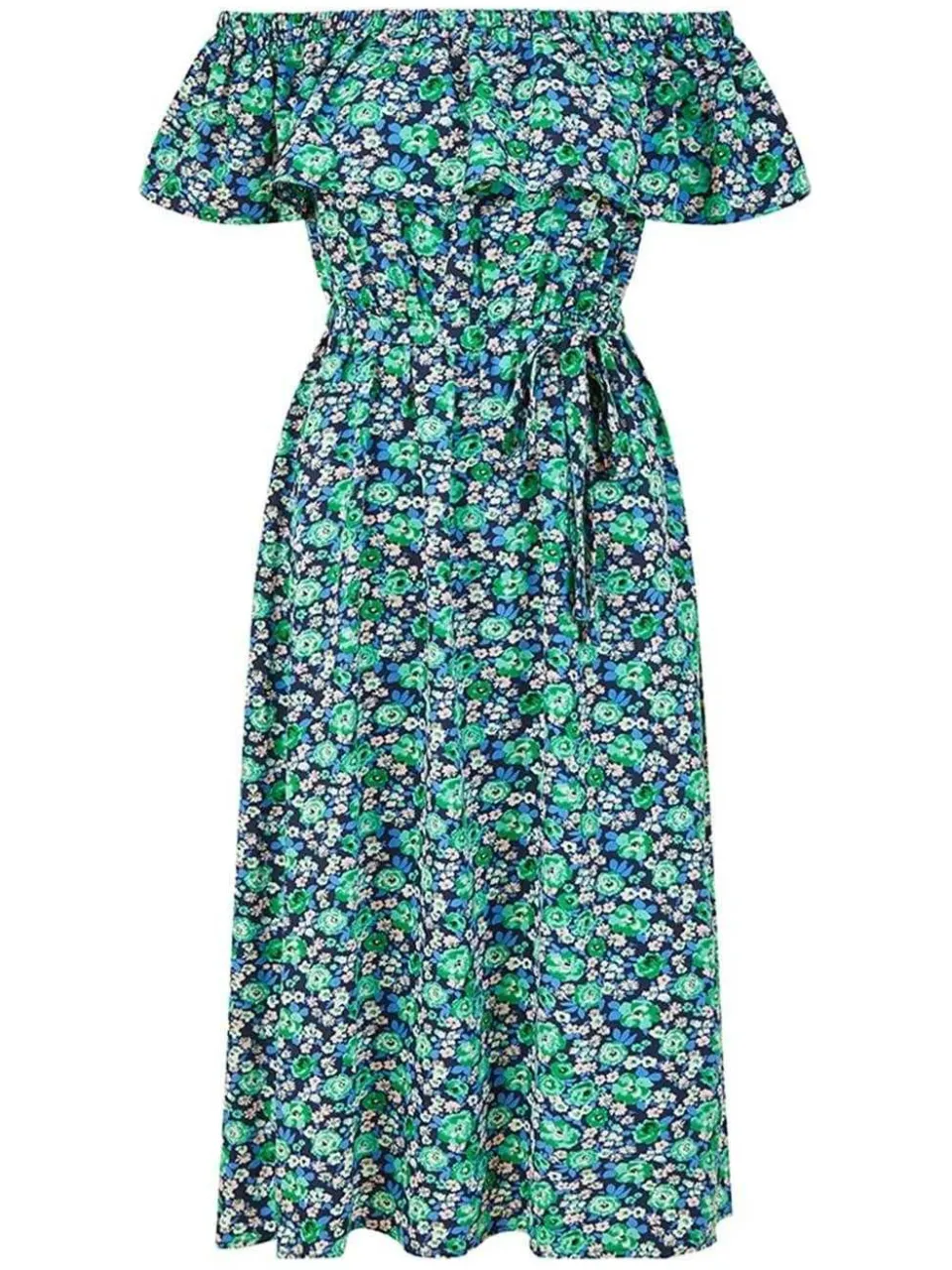 Yumi Midi-jurk voor dames met kleine bloemenprint en blote schouders (Groen), foto 2