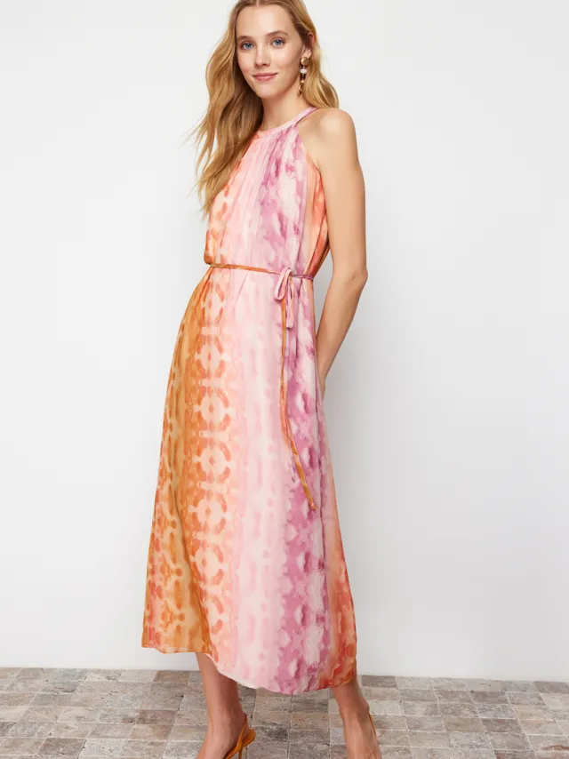 Trendyol TRENDYOLMİLLA Dames Roze Abstract Maxi Mouwloos Avond / Dagelijks Recht Jurken