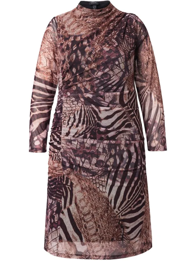 Ulla Popken Dames - Midi-jurk van mesh dierenprint rimpeling - Lichtchampagne