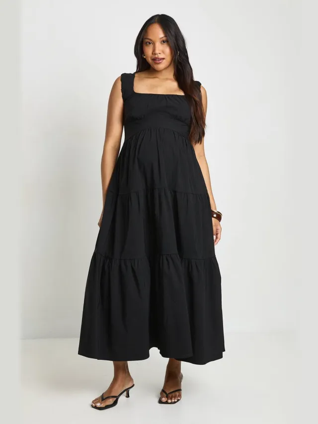 boohoo Dames Zwangerschaps Bengaline Milkmaid Midi Jurk Zwart