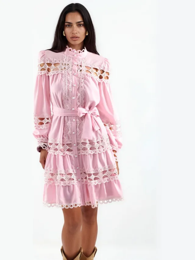 MSN Collection Gestrikte Kant Mini Jurk Blush