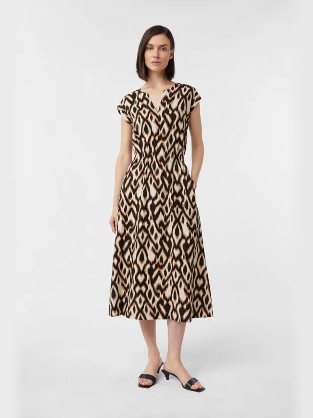 Comma female - Uitlopende midi-jurk met dierenprint en V-halslijn zwart