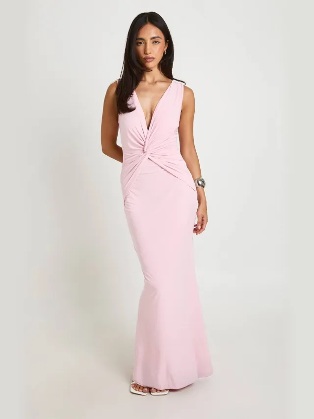 boohoo Dames Soft Touch Maxi Jurk Met Knoopdetail En Fit & Flare Model Pastelroze