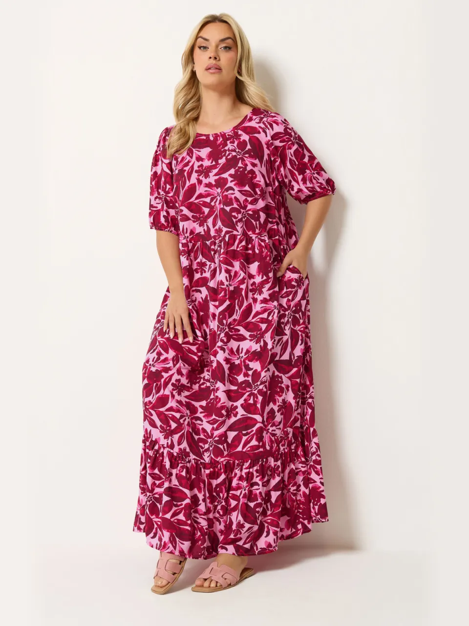 Yours Roze Bloemenprint Smock Maxijurk-56, foto 3