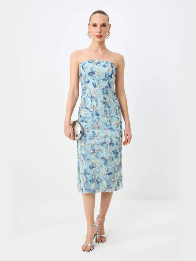 Trendyol TRENDYOLMİLLA Dames Blauw Bloemen Midi Mouwloos Recht Jurken