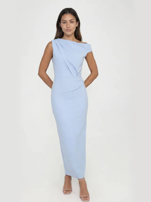 boohoo Dames Lange Jersey Crepe Jurk Met Gedrapeerde Schouder Midaxi Pastelblauw