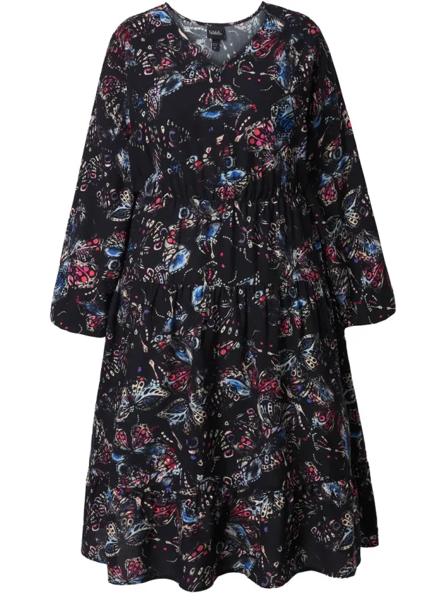 Ulla Popken Dames - Midi-jurk vlinders A-lijn V-hals lange mouwen - Zwart - Maat 42+