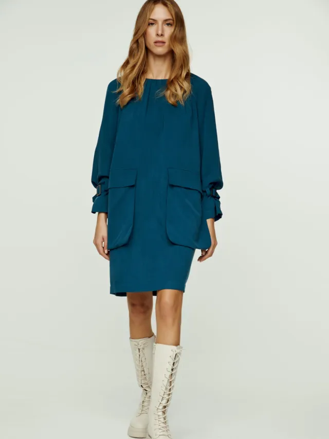 Conquista Petrol Blue Pocket Detail Tencel Jurk Blauw