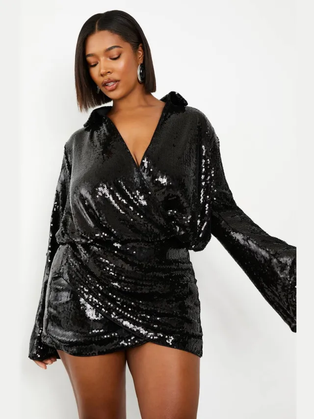 boohoo Dames Plus pailletten gedrapeerde overhemdjurk met uitlopende mouwen zwart, foto 3