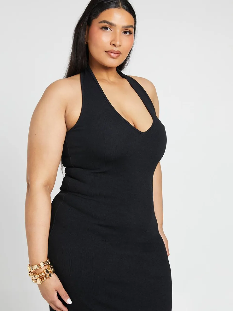 boohoo Dames Plus Geribbelde Halter Maxi Jurk zwart, foto 4