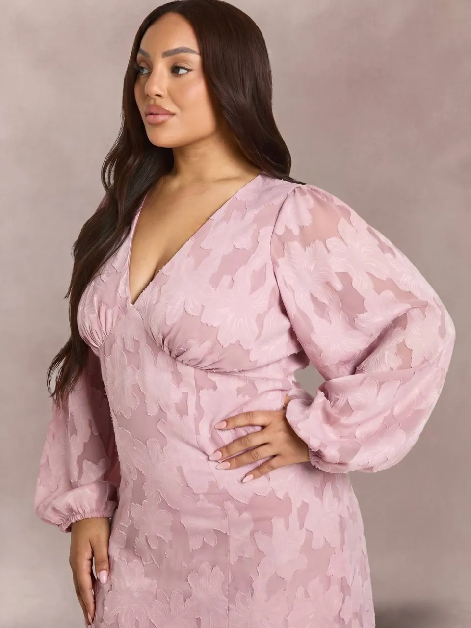 boohoo Dames Plus Burnout Bloemenprint Lange Mouw Skater Jurk roos, foto 4