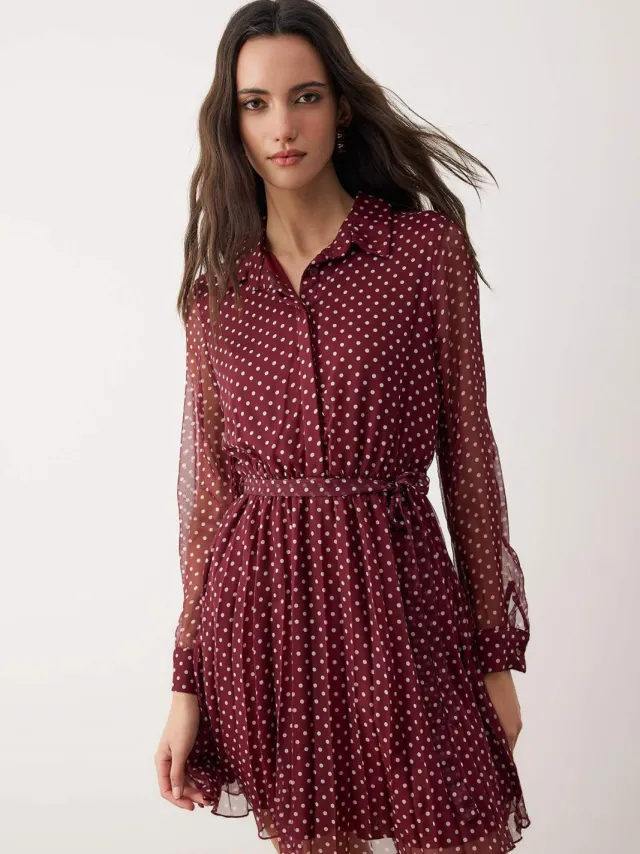 Trendyol TRENDYOLMİLLA Dames Bordeaux Stippen Kort / Mini Lang Avond / Dagelijks Skater Jurken Bordeauxrood
