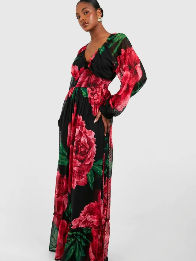 boohoo Dames Lange Bloemenprint Dobby Geplooide Maxi-Jurk Zwart