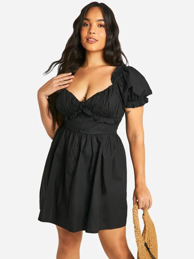 boohoo Dames Plus geweven melkmeisje button-down skaterjurk Zwart