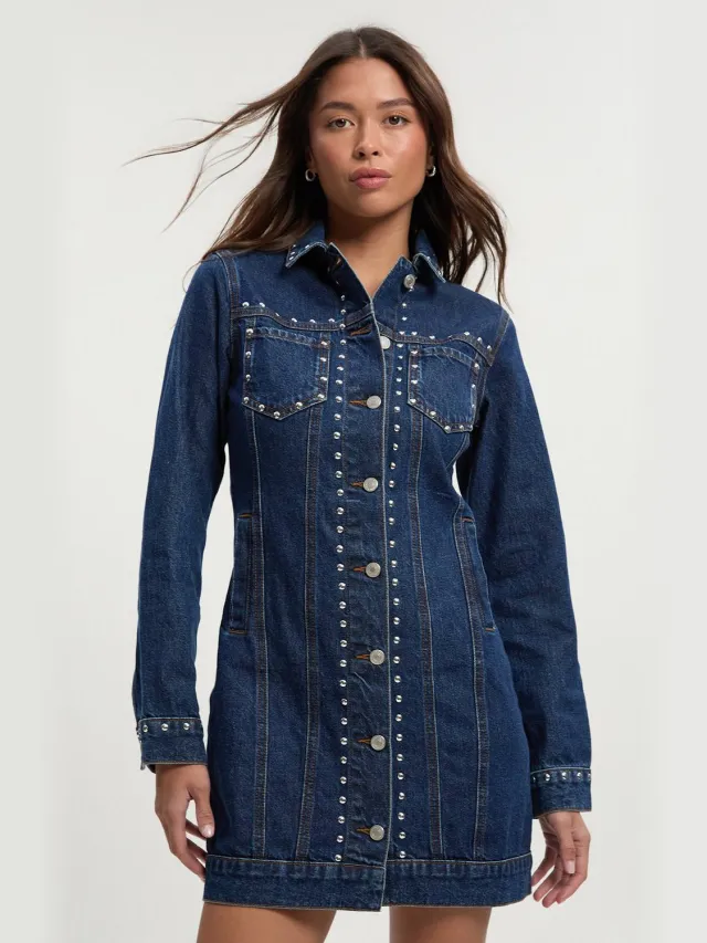 boohoo Dames Met studs versierde westerse denim minijurk Indigo