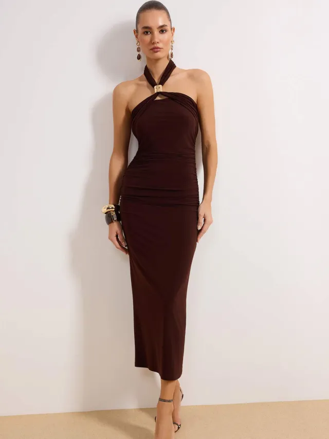Trendyol TRENDYOLMİLLA Dames Bruin Effen Maxi Mouwloos Stijlvol/Avond Bodycon Jurken