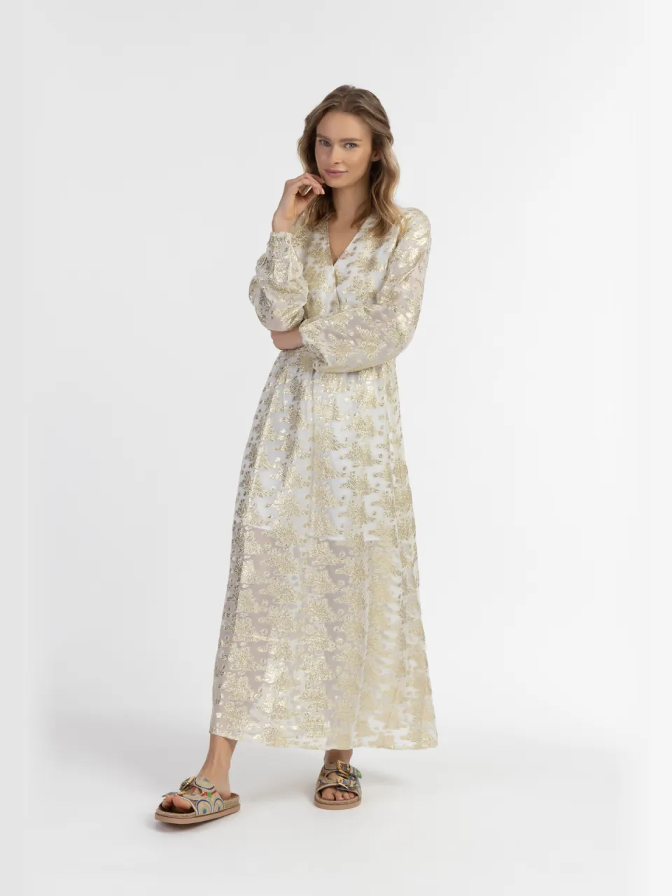 IZIA Maxi jurk met borduursel Dames Gebroken wit met gouden bloemen