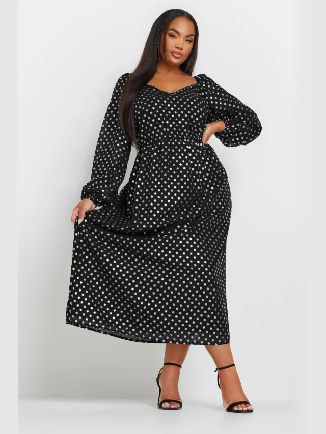 Yours Chiffon Maxijurk Met Stippenprint En Ballonmouwen In Zwart/Zilver Black