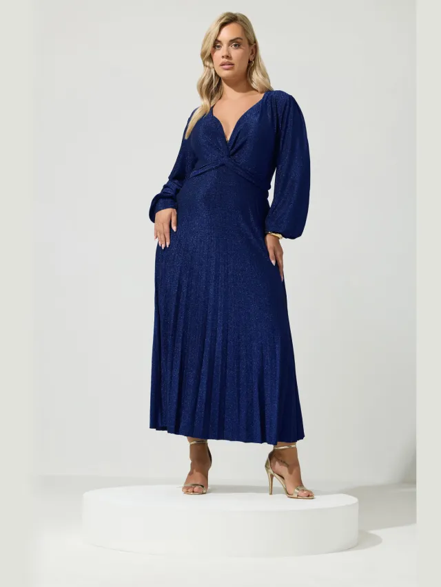 Yours London Kobaltblauwe Metallic Geplooide Maxijurk Met Knoop Blue