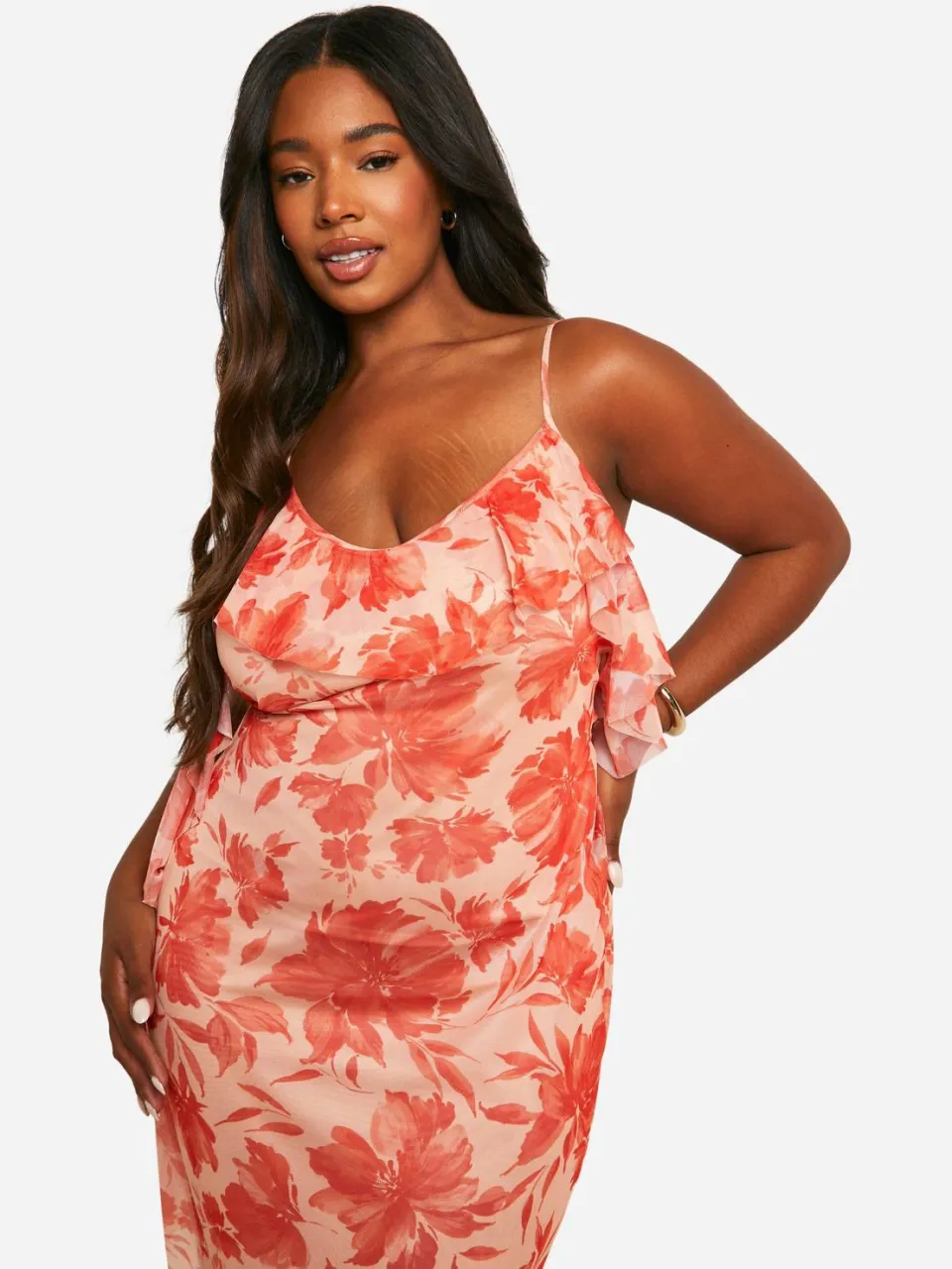 boohoo Dames Plus Maxi-jurk met bloemenprint en ruches oranje, foto 2