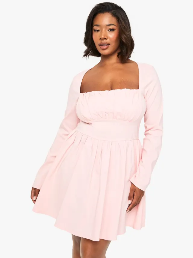 boohoo Dames Plus Bengaline Korset Langemouw Skaterjurk Baby Roze
