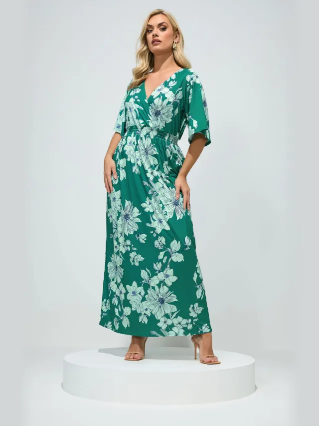 Yours London Maxijurk Met Bloemenmotief, Elastische Taille En Engelmouwen In Groen Green