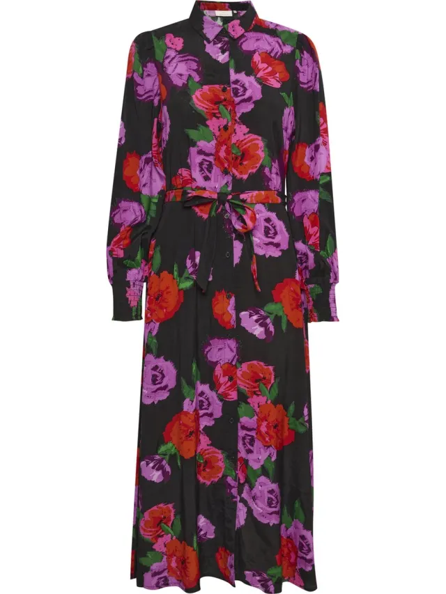 Kaffe KAflorina Shirt Dress Dames Jurk Black -Red/Purple Big Flower