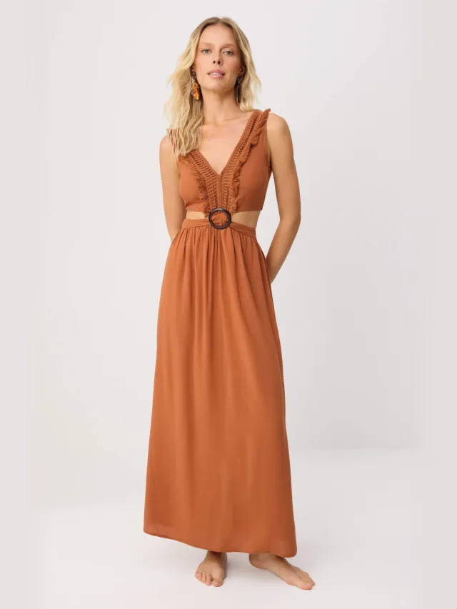 Trendyol TRENDYOLMİLLA Dames Bruin Effen Maxi Mouwloos Strandkleding A-lijn Strandjurken