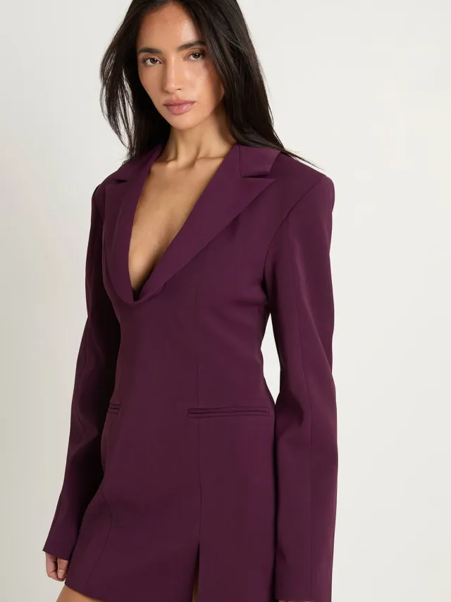 boohoo Dames Mini Jurk Met Diepe V-hals En Getailleerde Snit pruim, foto 2