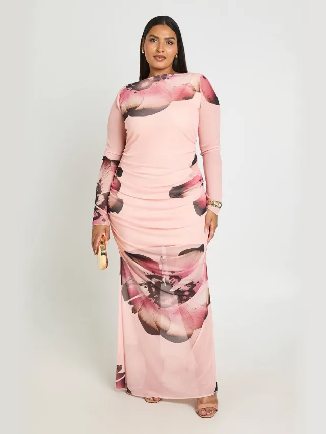 boohoo Dames Plus Bloemen Mesh Column Maxi Jurk Blush