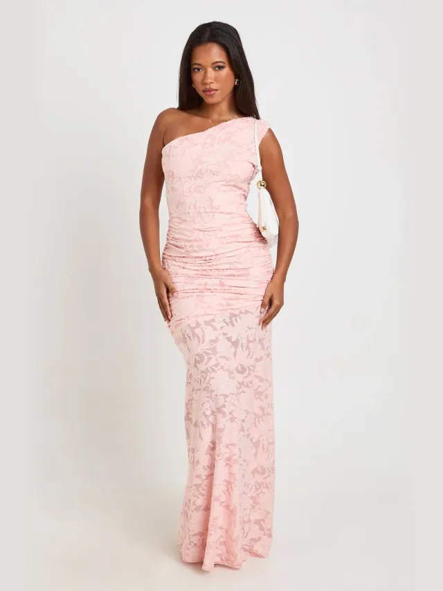 boohoo Dames Burnout Bloemen Asymmetrische Hals Maxi Jurk Baby Roze