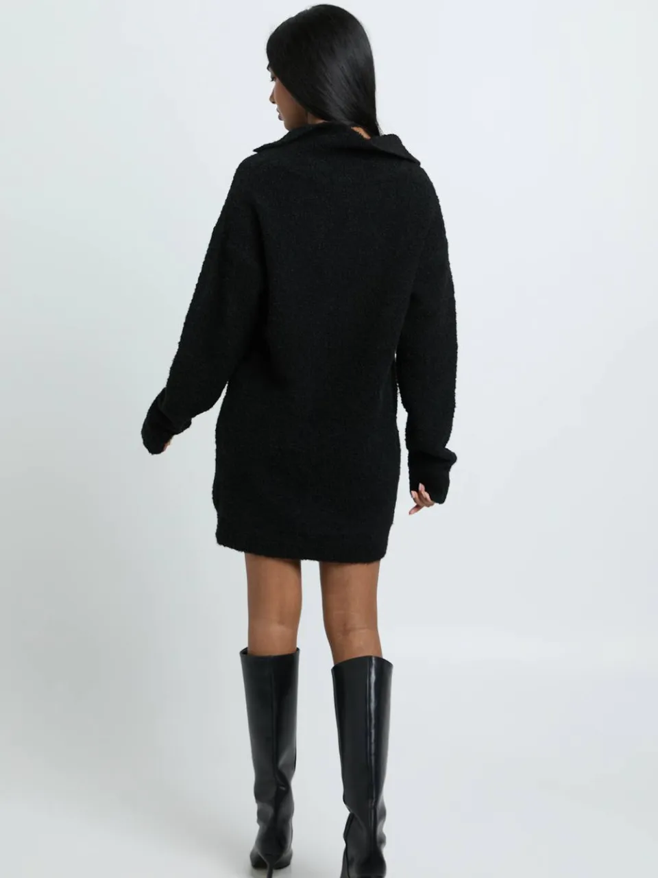 boohoo Dames Gebreide Mini-trui Jurk Met Kraag In Boucle zwart, foto 3