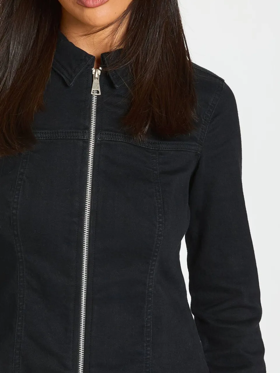 boohoo Dames Denim Mini-jurk Met Lange Mouwen En Rits Aan De Voorkant, foto 4