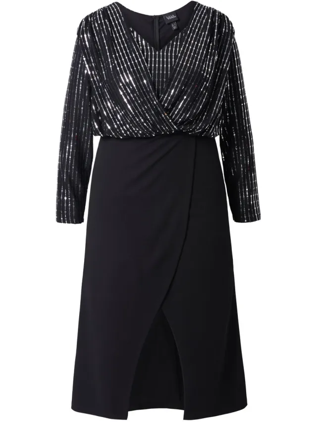 Ulla Popken Dames - Maxi-bodyconjurk glitterjersey lange rok - Zwart