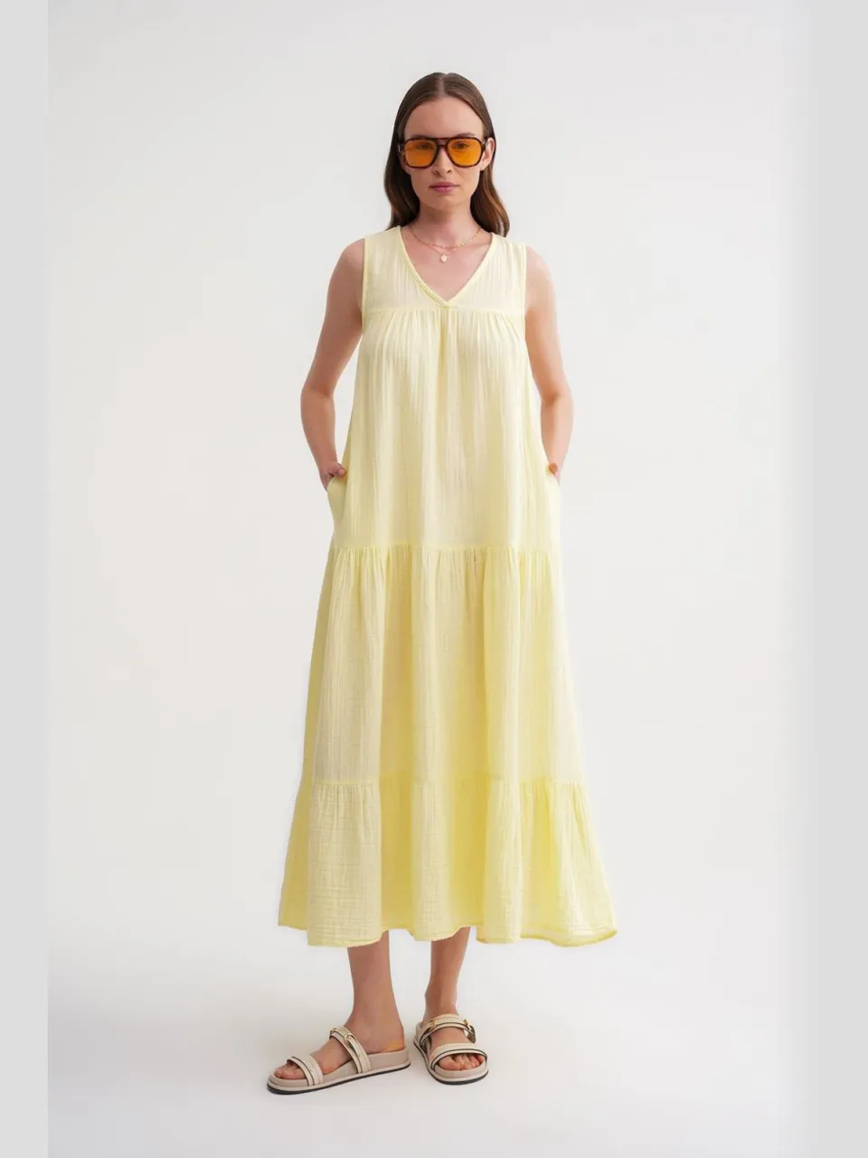 Mixray Mouwloze V-hals Muslin Midi-jurk met zakken geel, foto 2