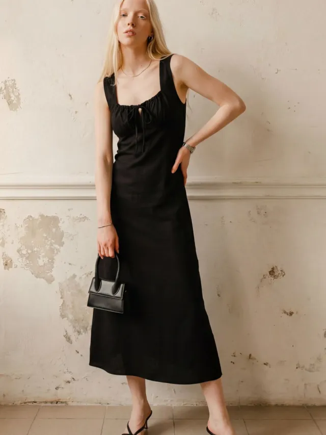 MyFashion Midi Linnen Jurk met Strikdetail Zwart