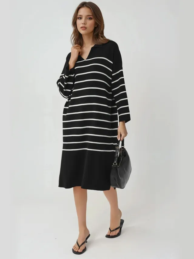 MyFashion Gestreepte V-hals Losse Midi Trui Jurk met Split Zwart