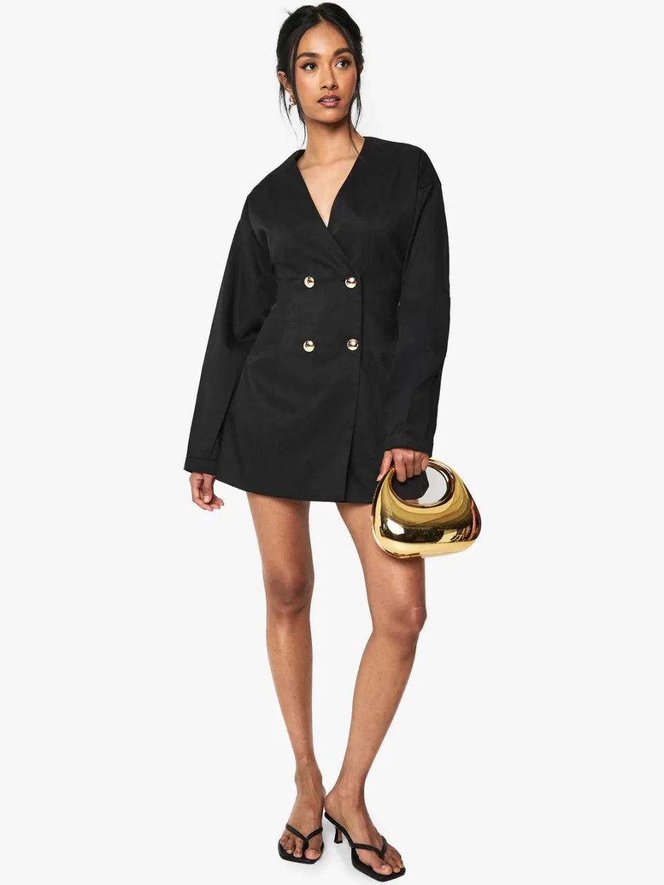 boohoo Dames Tailored Collarless Cinched Waist Blazer Dress zwart, foto 3